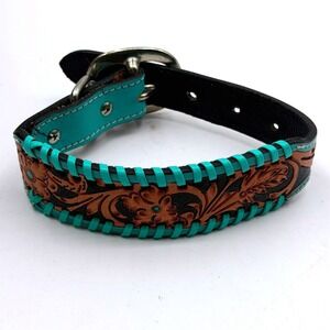 Myra Bag Acety Hand Tooled Leather Dog Collar Turquoise Whipstitch Floral Small